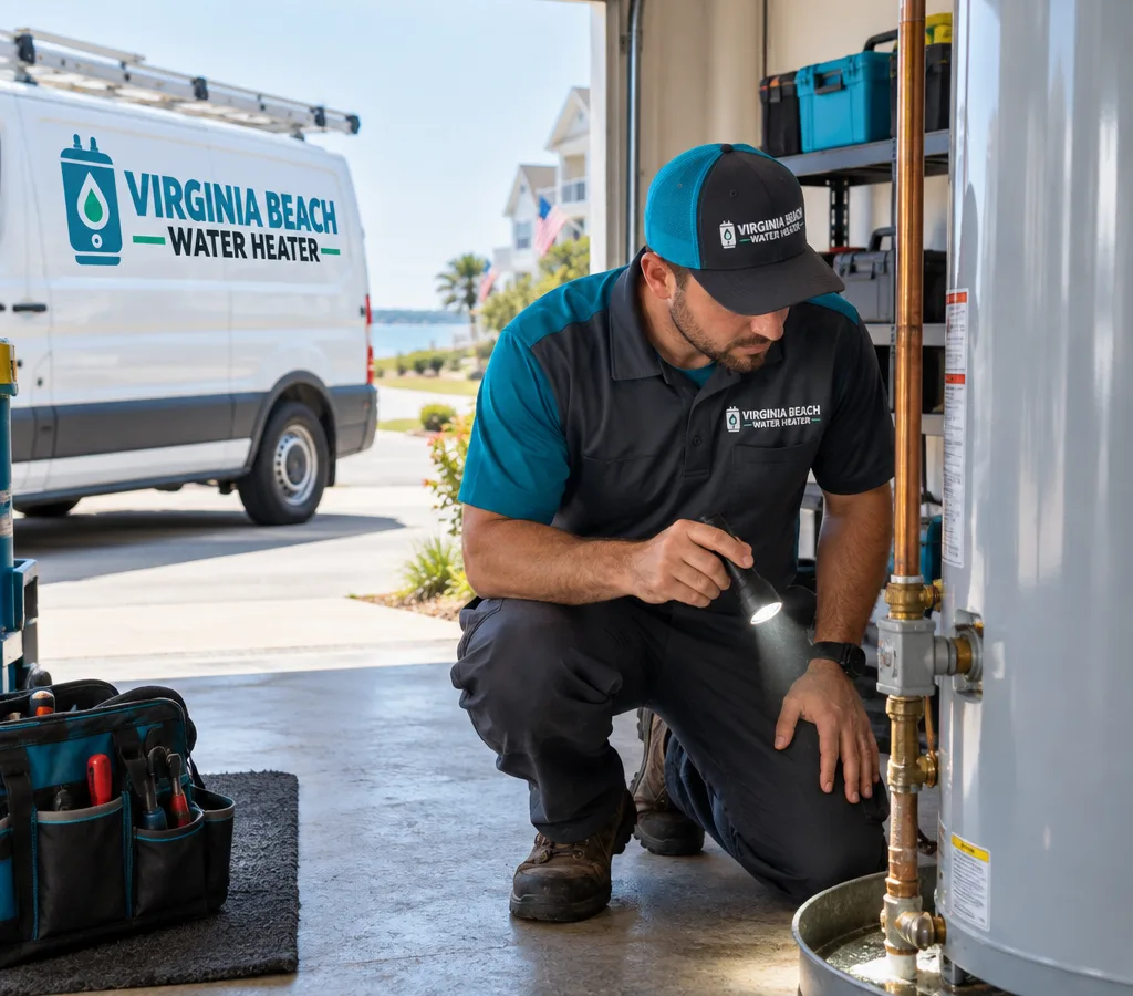 Technician inspecting the base pan and piping of a residential tank water heater in a Virginia Beach garage