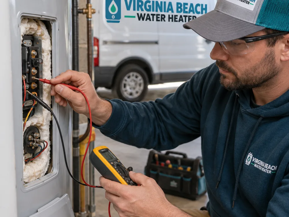 Hands testing electric water heater thermostat and heating-element wiring with a multimeter