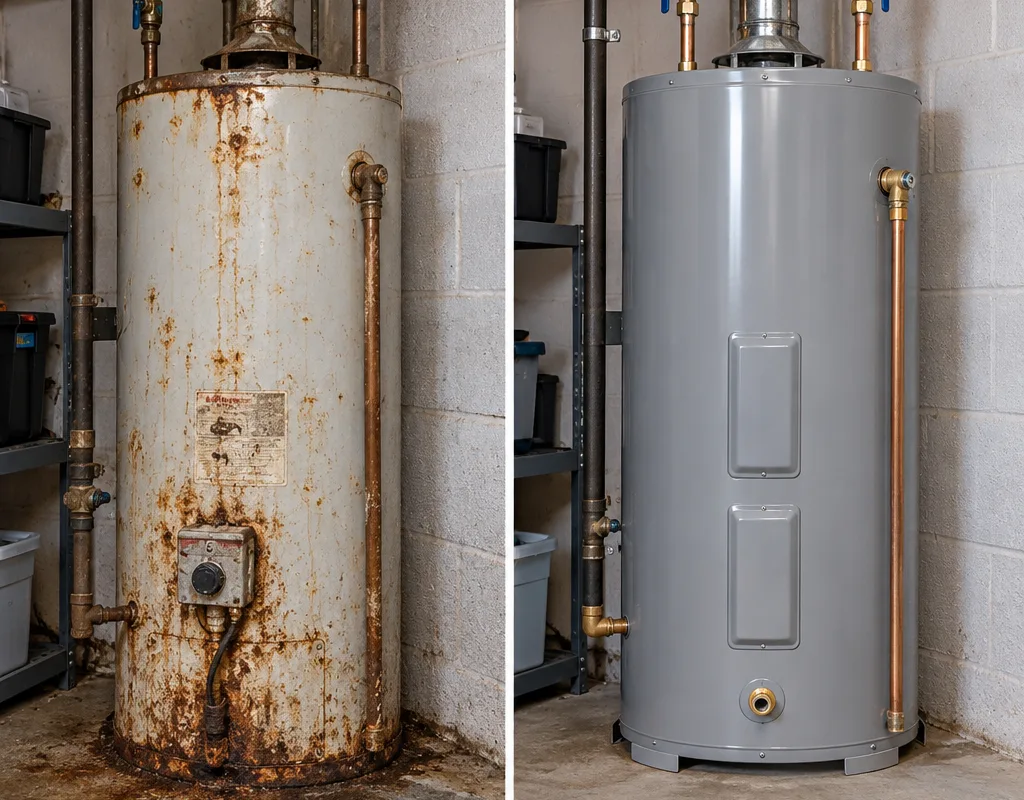 Older corroded tank water heater replaced with a new unit and updated connections