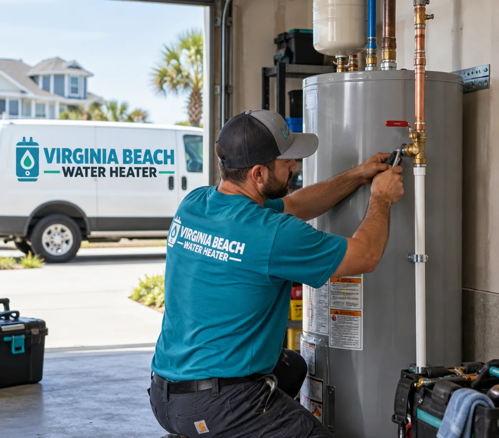 Technician installing a tank water heater with clean connections and a properly routed relief discharge line in a Virginia Beach garage