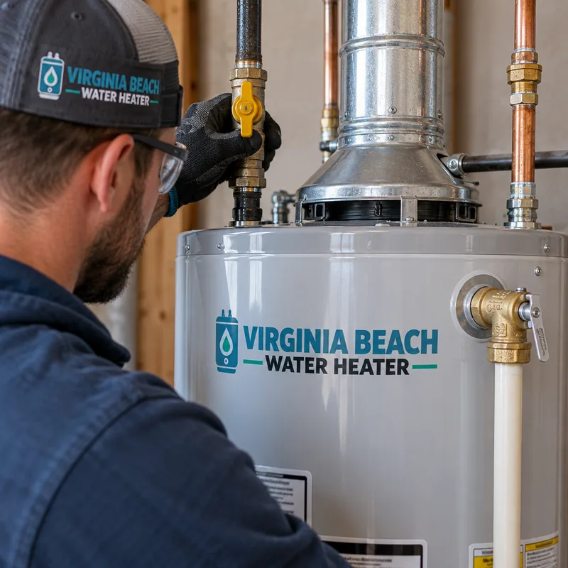 Close-up of a newly installed gas water heater showing the relief valve discharge pipe, gas shutoff, and vent connector above the draft hood
