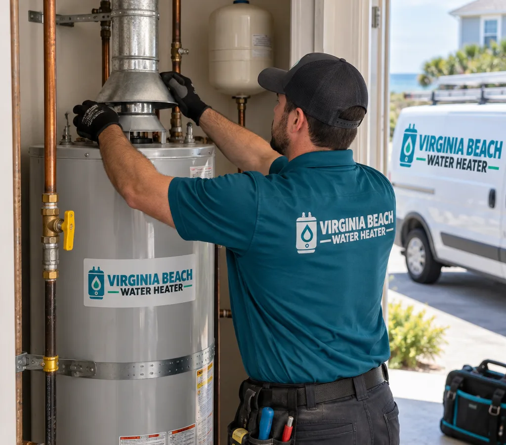 Technician installing a residential gas water heater in a Virginia Beach utility closet, with the draft hood, vent connection, and gas shutoff visible