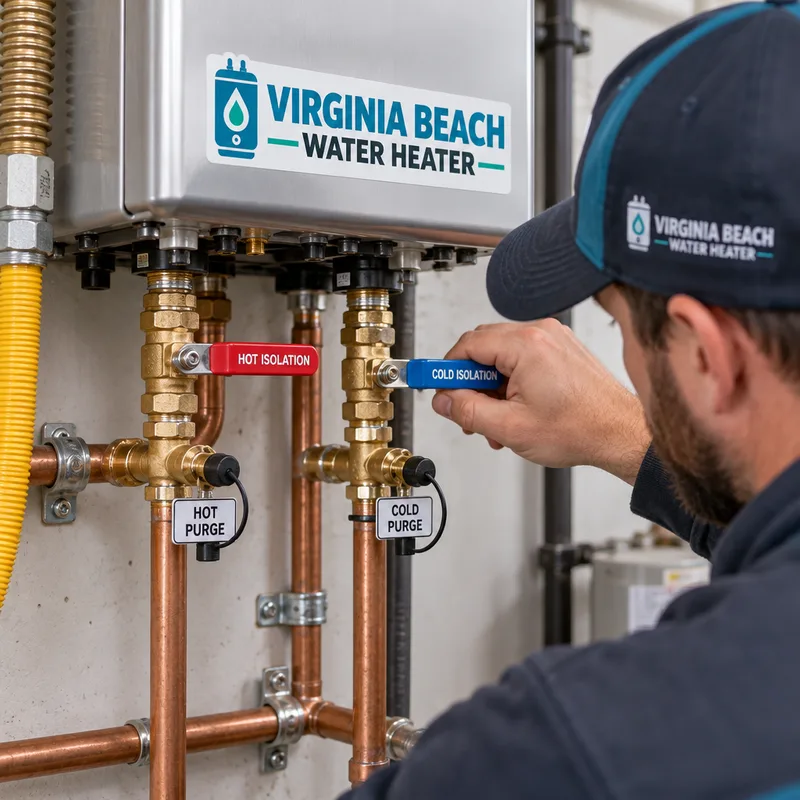 Tankless water heater service valves and labeled purge ports with neatly installed piping