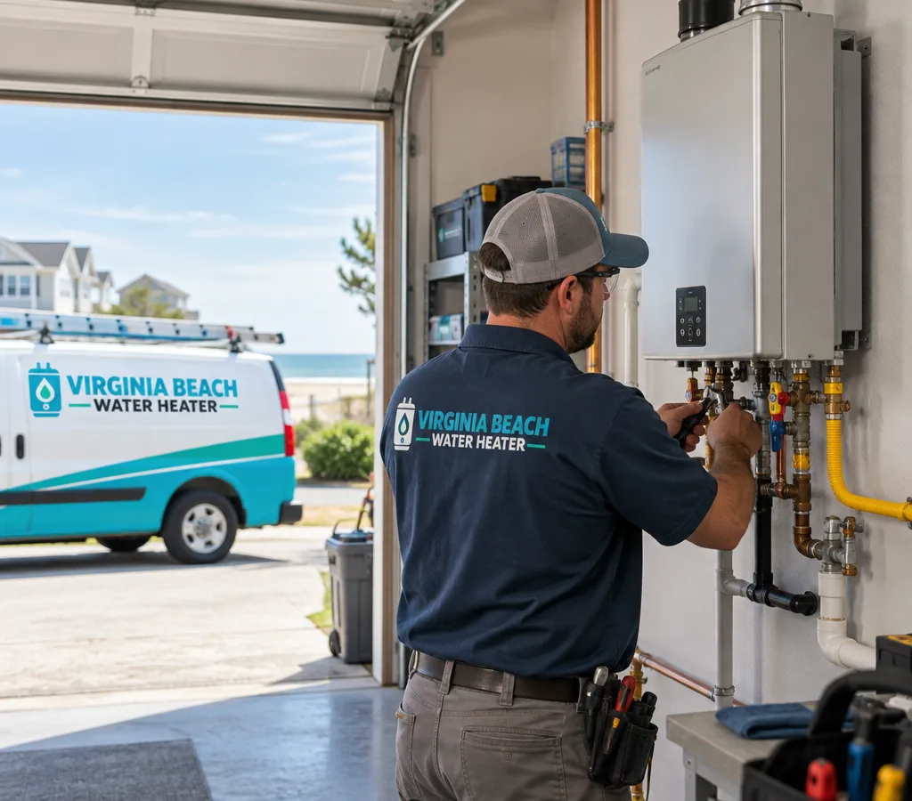 Plumber installing a wall-mounted tankless water heater with visible venting, service valves, gas line, and condensate drain