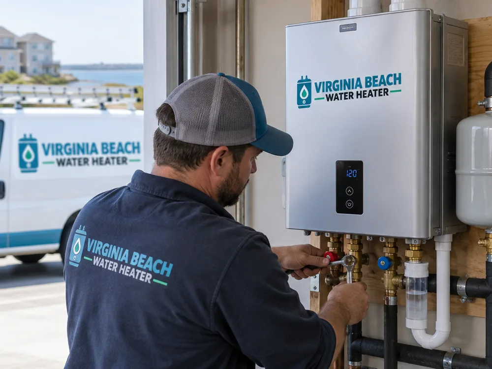 New tankless water heater installation with service valves, purge ports, supported venting, and routed condensate drain