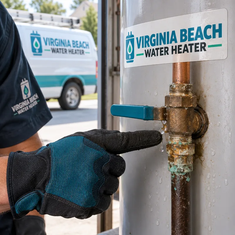 Water beads and corrosion at a water heater connection as a technician identifies the leak point