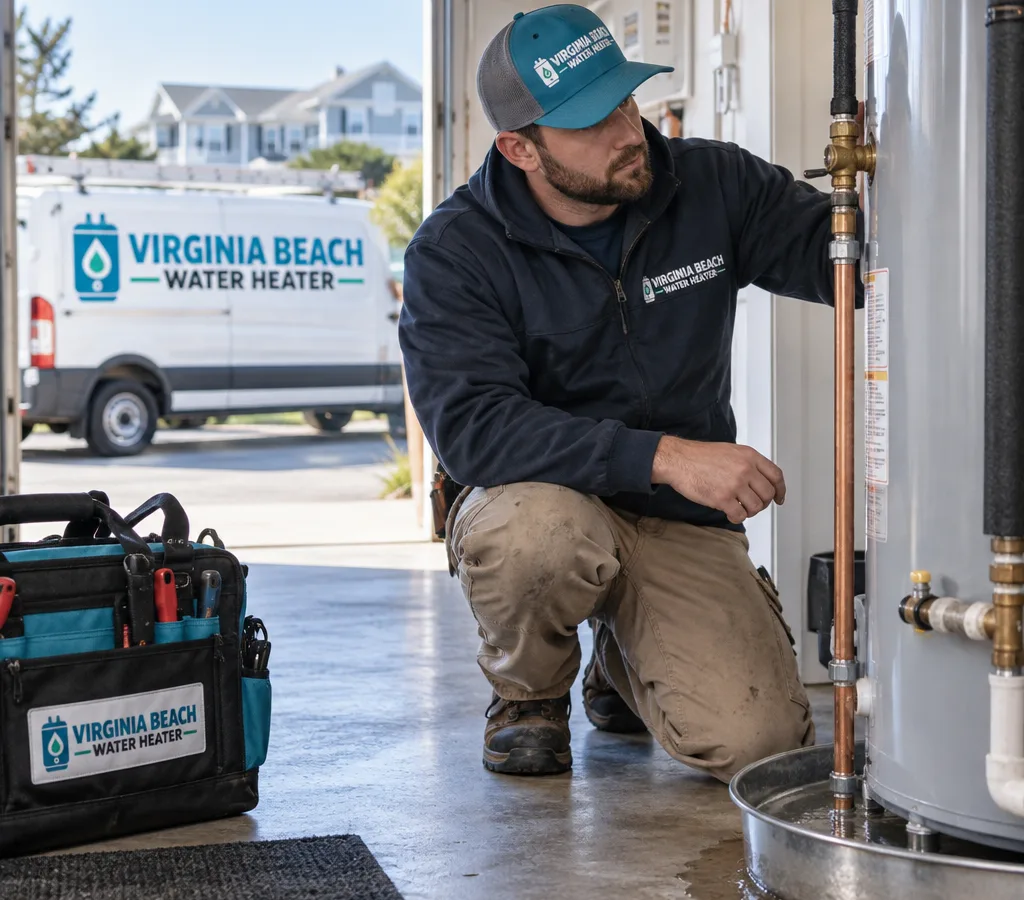 Technician inspecting a leaking residential water heater and contained drain pan in a Virginia Beach utility room