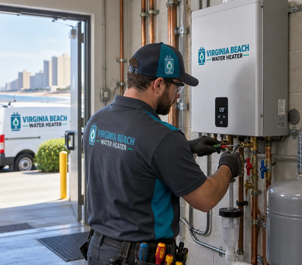 Technician servicing a wall-mounted commercial tankless water heater in a mechanical room with isolation valves and condensate drain visible