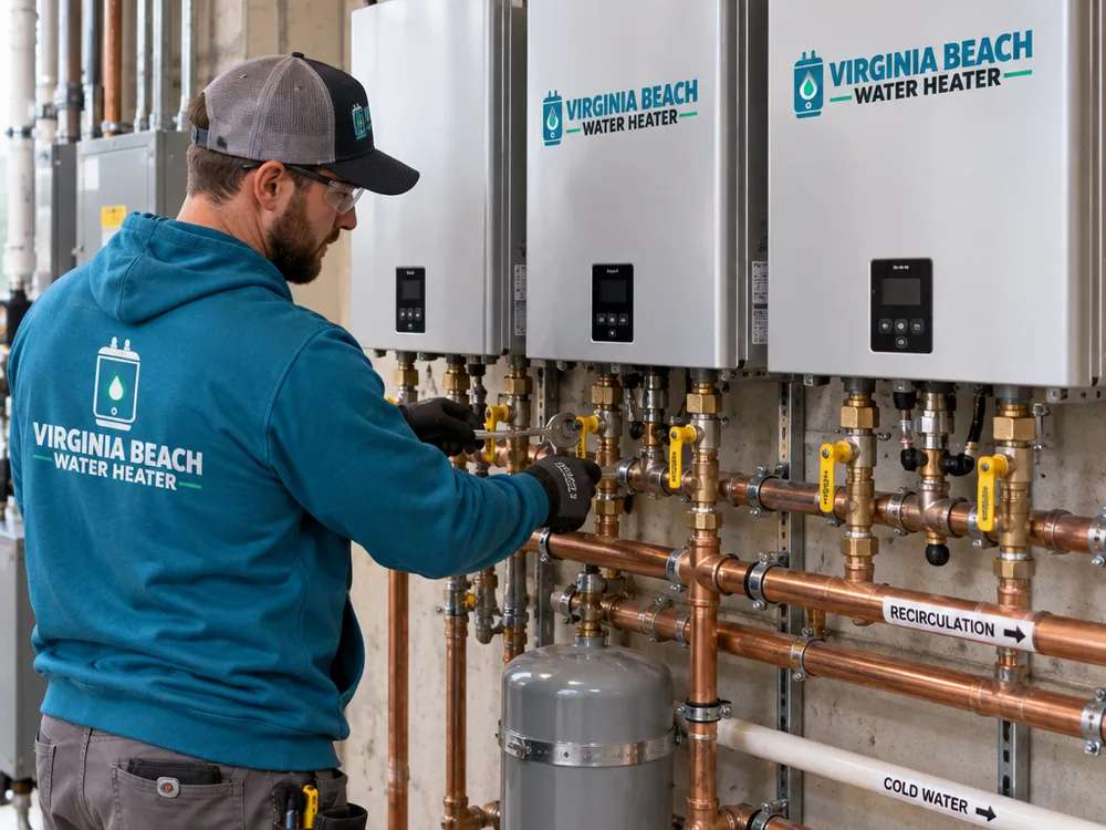 Mechanical room with multiple commercial tankless units manifolded together with labeled isolation valves and recirculation piping