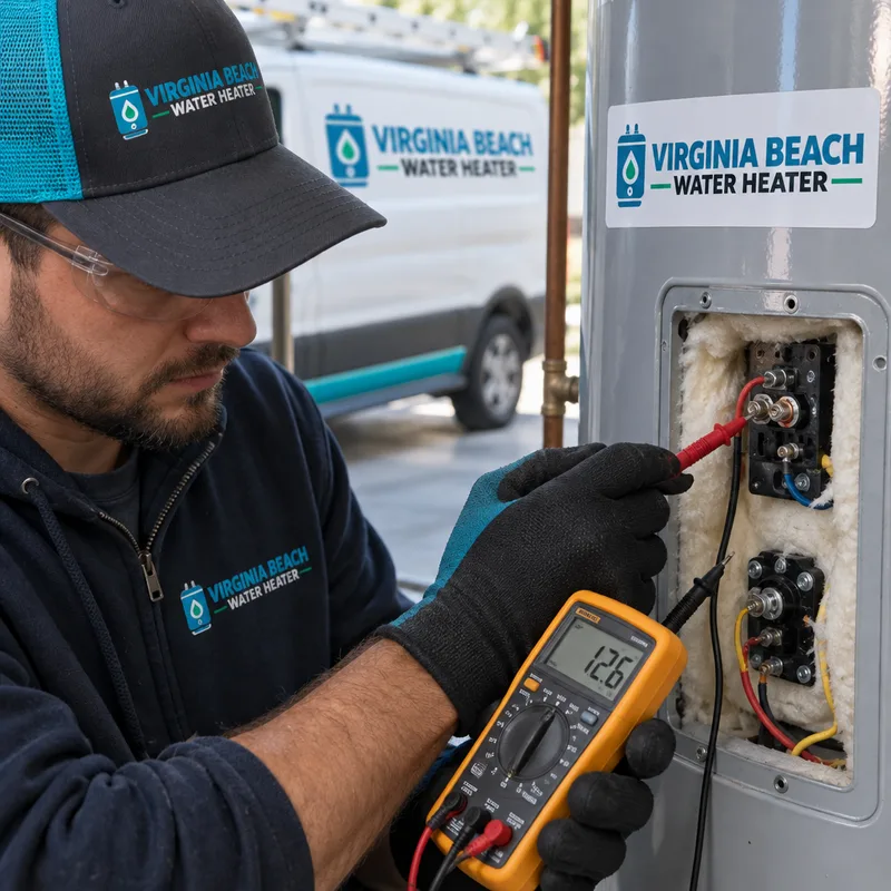Technician using a multimeter to test water heater thermostat and element connections behind an open access panel