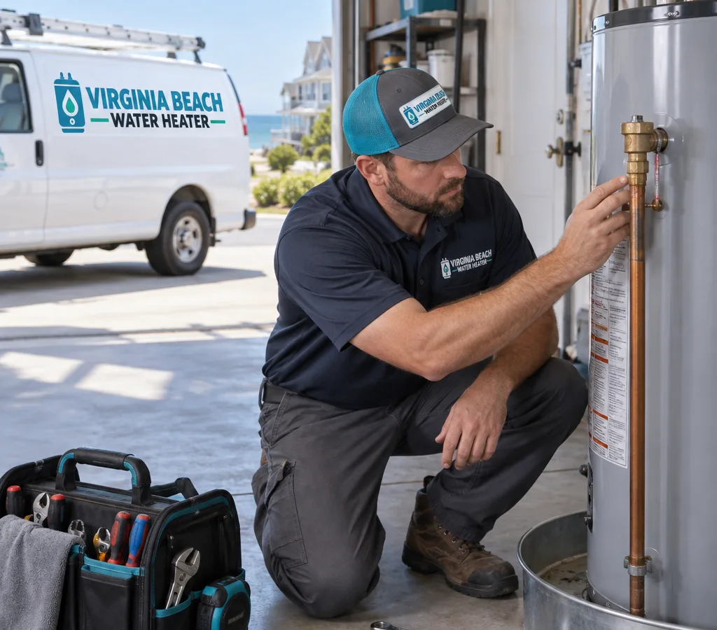 Technician inspecting the relief valve and connections on a residential water heater in a utility room