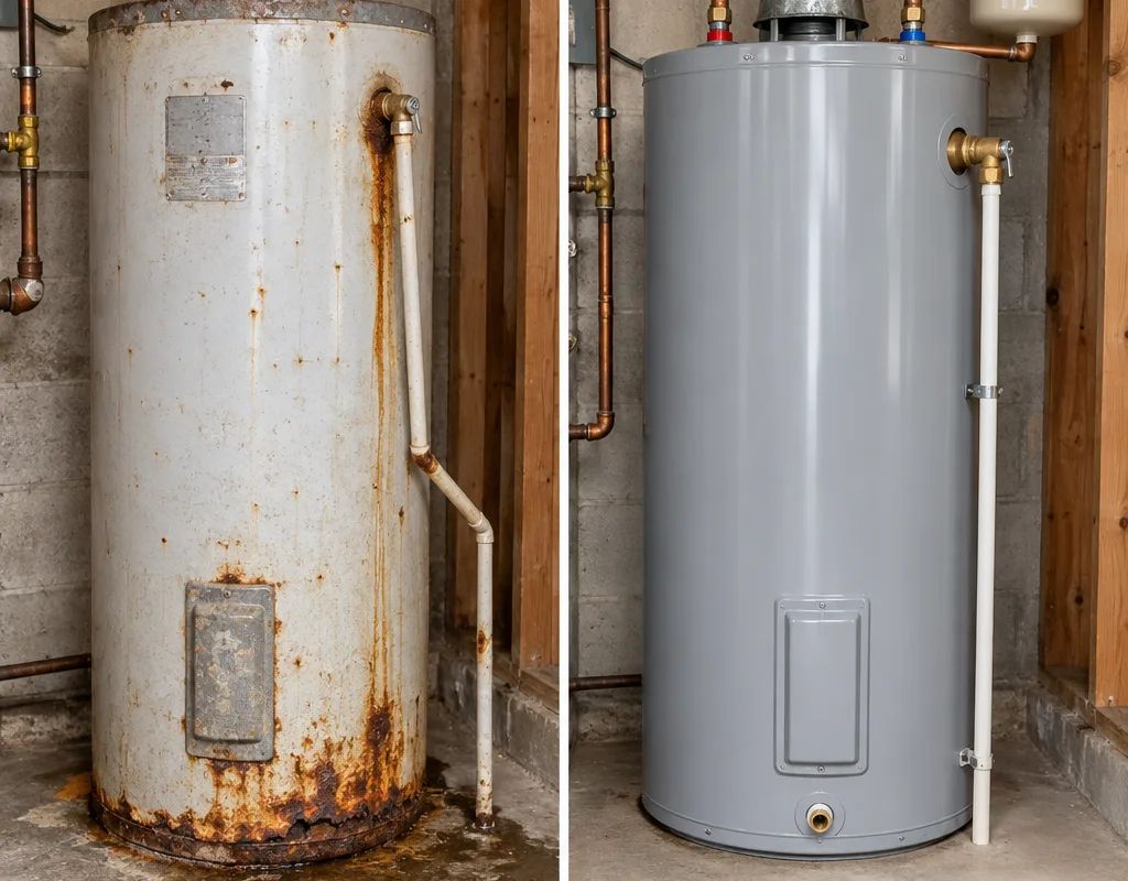 Before and after comparison showing an older corroded heater replaced with a new unit and corrected safety components