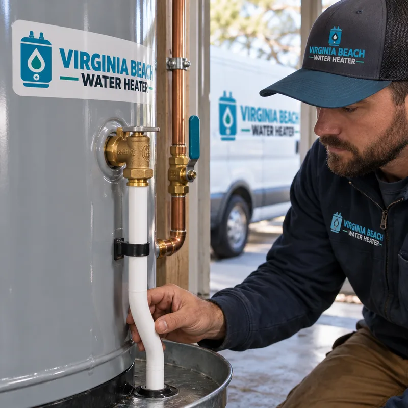 Newly installed water heater relief valve with a properly routed discharge line, neat piping transitions and labeled shutoff