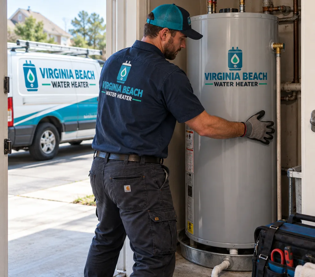Technician positioning a new tank water heater in a Norfolk-area utility closet with a drain pan and water connections visible