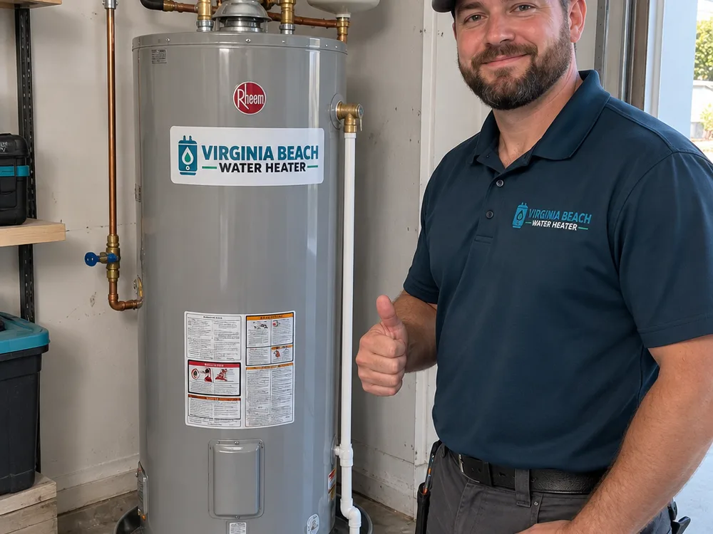Finished tank water heater installation with tidy piping, a new shutoff valve, drain pan and properly routed relief discharge line