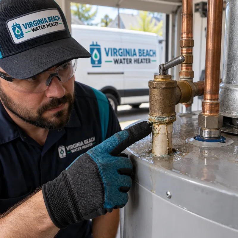 Technician pointing to moisture and corrosion around a water heater relief valve and top plumbing connections
