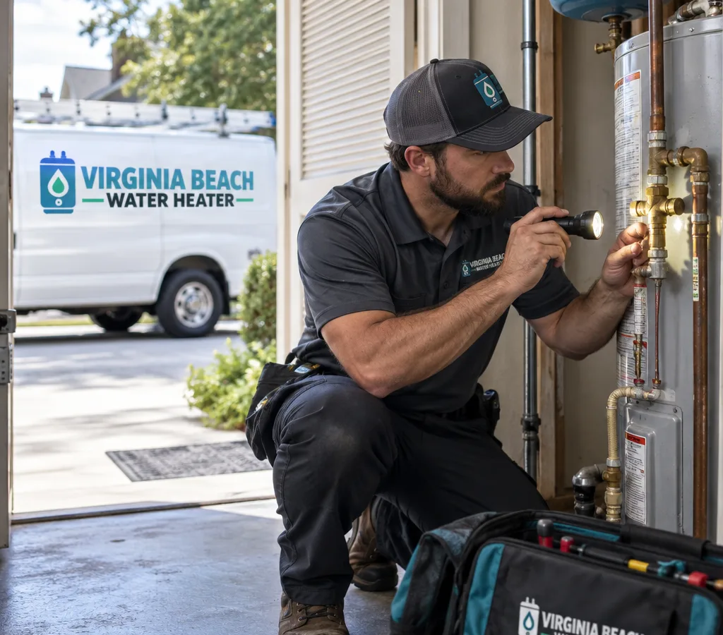 Technician checking the relief valve and supply connections during an urgent residential water heater repair visit
