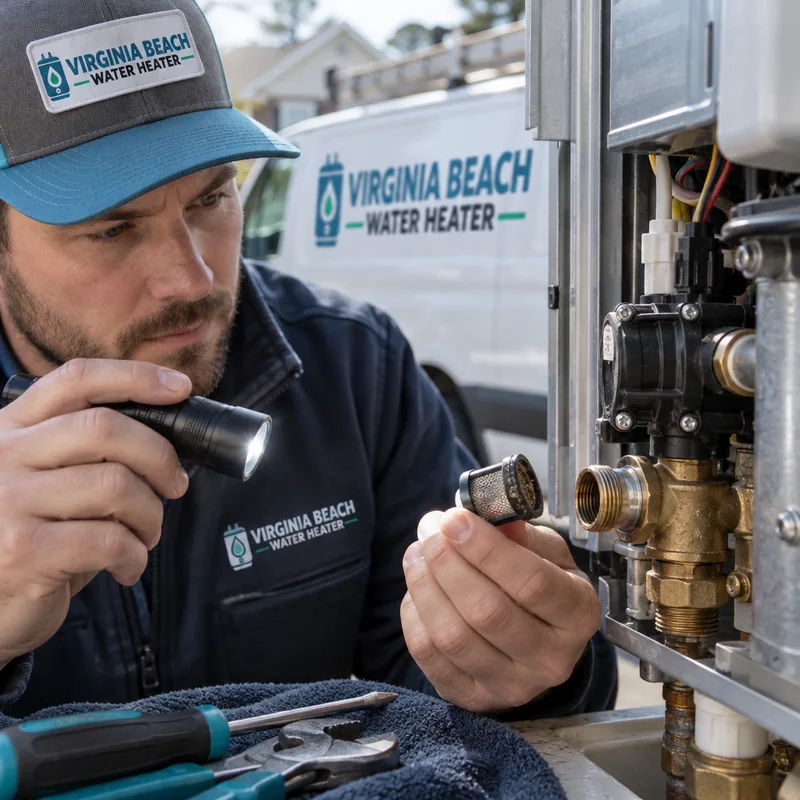 Technician inspecting a tankless water heater inlet screen filter and flow sensor area with a flashlight and hand tools