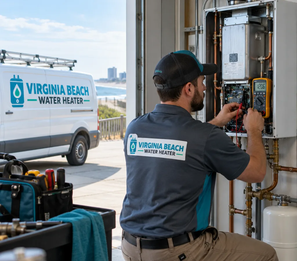 Technician working on an open wall-mounted tankless water heater in a mechanical closet with diagnostic tools visible