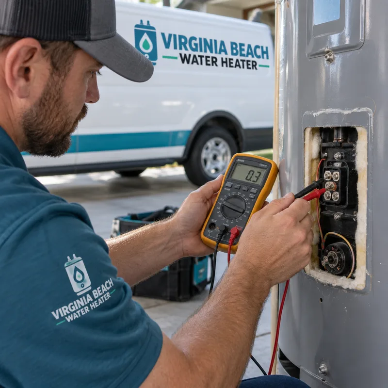 Technician using a multimeter to test an electric water heater heating element