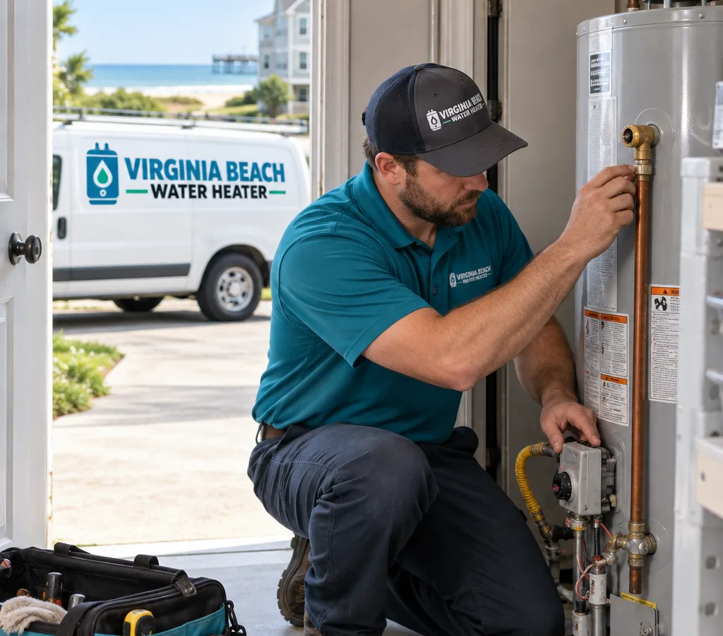 Technician checking the relief valve and gas control on a tank water heater in a utility closet