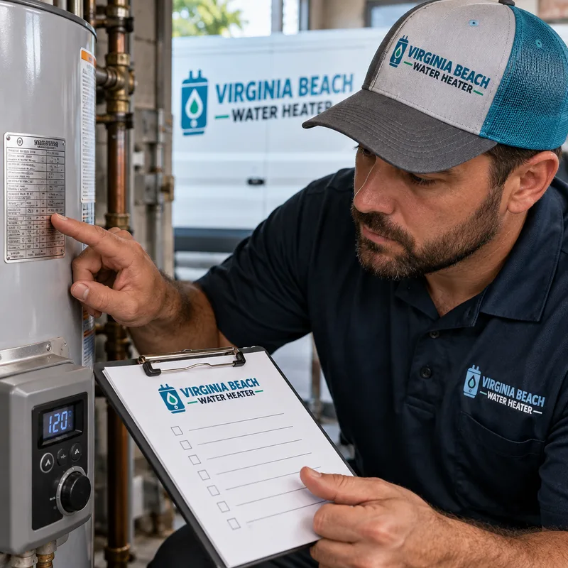 Technician checking a commercial water heater data plate and control panel while referencing a sizing and safety checklist