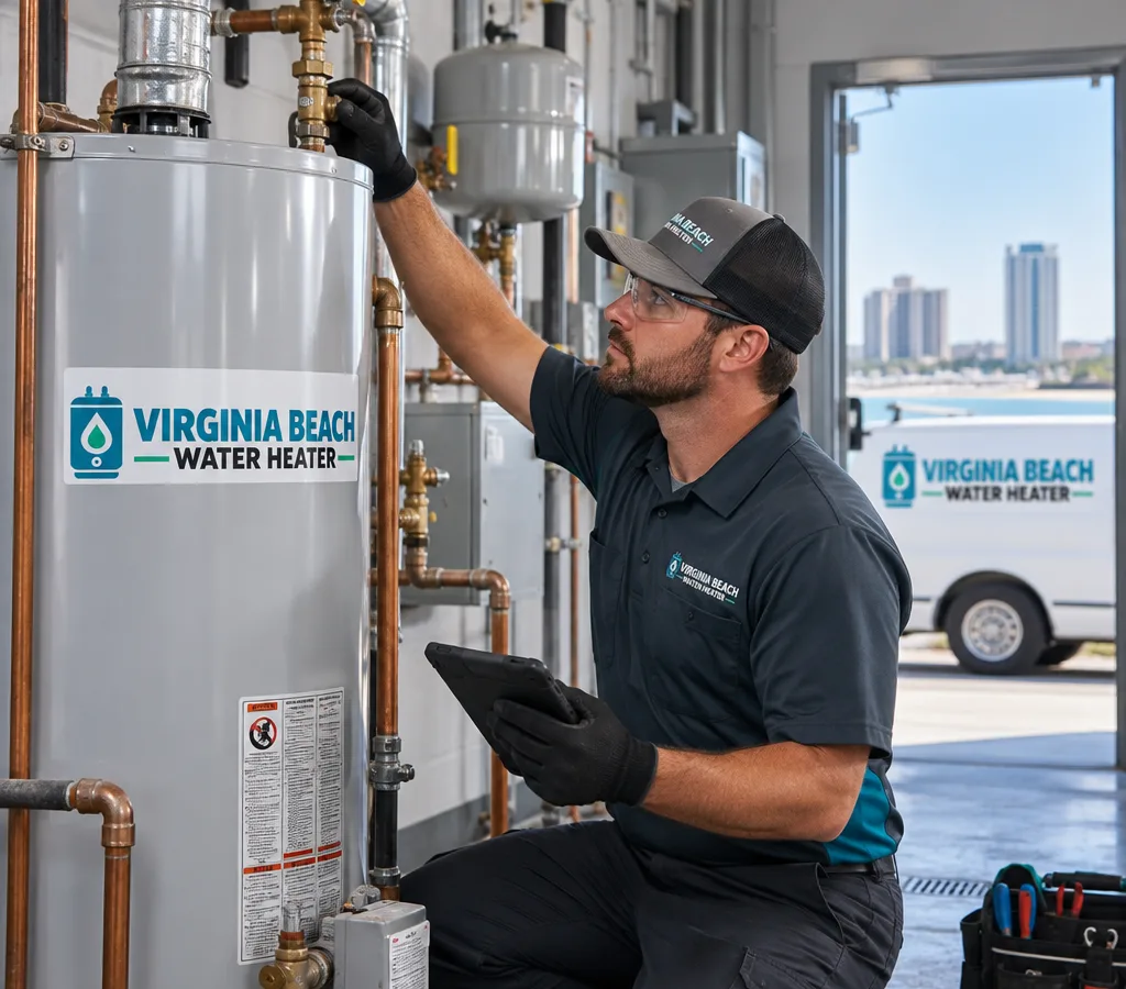 Commercial mechanical room with a technician inspecting a water heater, connected piping, valves, venting, and safety components