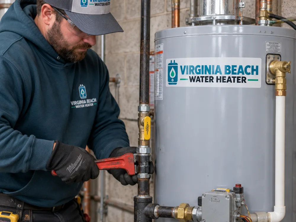 Commercial water heater gas line, shutoff valve, sediment trap, vent connector, and temperature and pressure relief discharge piping