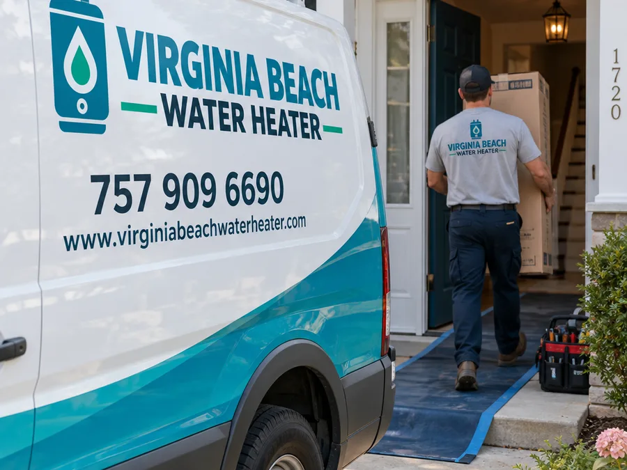Technician bringing a boxed water heater into a Virginia Beach home with protective floor covering and neatly staged tools